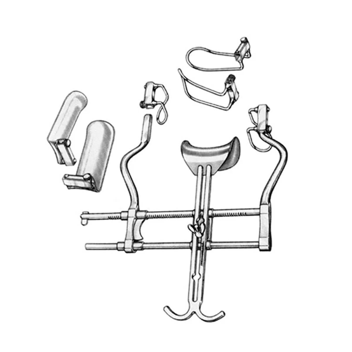 Balfour abdominal retractor set: ratchet frame, side blades and detachable center blades
