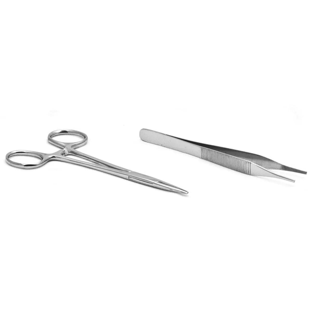 Assortment of ring-handled forceps and scissors laid out as supplied for wholesale orders