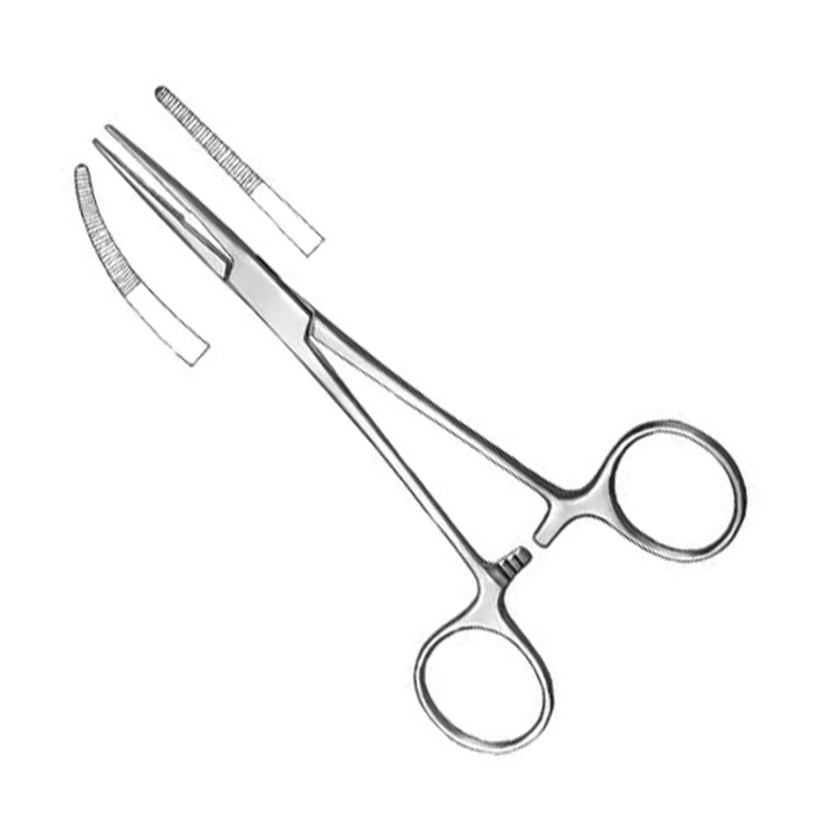 Kelly hemostatic forceps with curved jaws and inset diagram of distal-half serrations