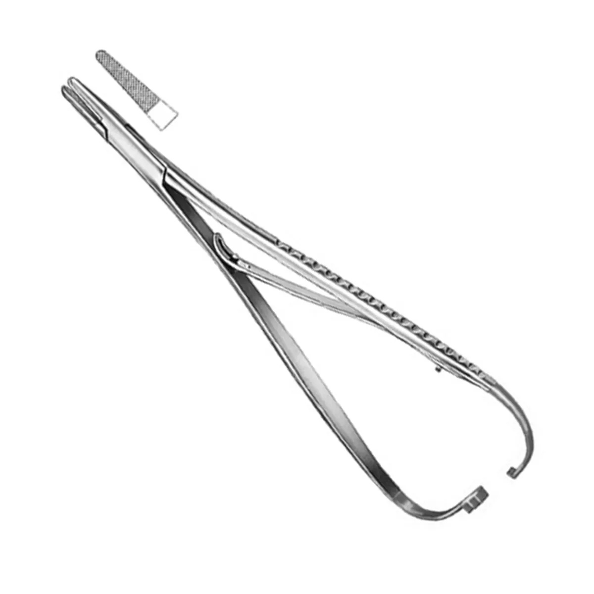 Mathieu plier-style needle holder with spring handles and rear ratchet lock