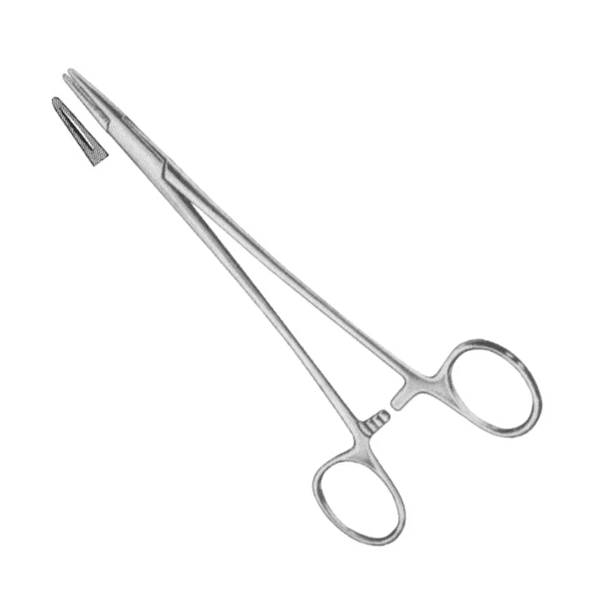 Standard Mayo-Hegar needle holder with ring handles, ratchet and straight serrated jaws