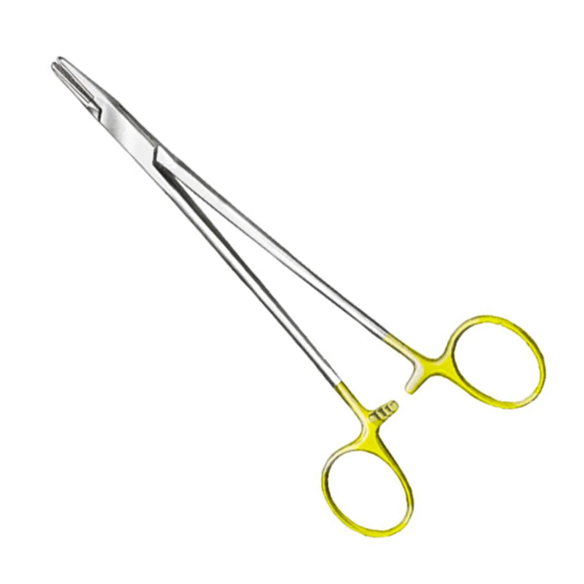 Mayo-Hegar needle holder with gold-plated ring handles marking tungsten carbide jaw inserts
