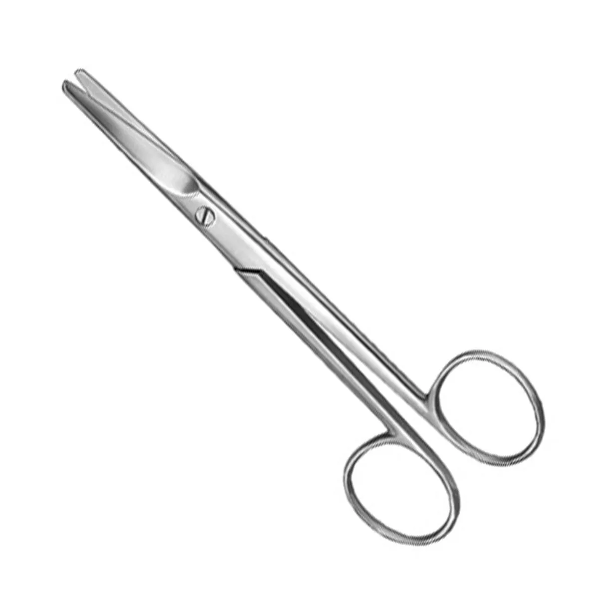 Curved Mayo surgical scissors with ring handles and a screw joint, stainless steel on white